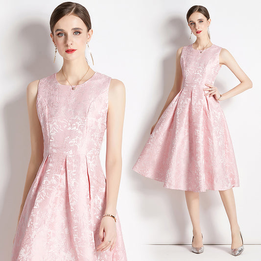 CM-DY035309 Women Elegant European Style Sleeveless Vest Pinched Waist Jacquard Dress