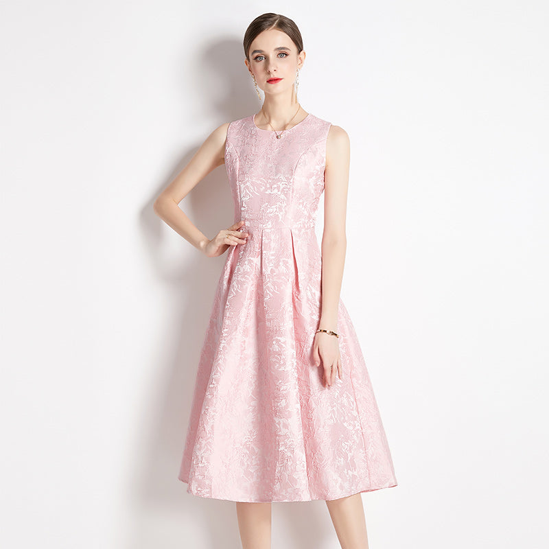 CM-DY035309 Women Elegant European Style Sleeveless Vest Pinched Waist Jacquard Dress
