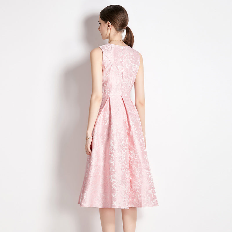 CM-DY035309 Women Elegant European Style Sleeveless Vest Pinched Waist Jacquard Dress