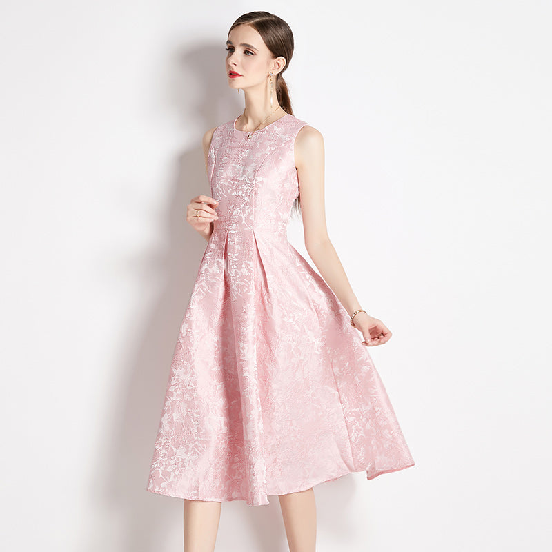 CM-DY035309 Women Elegant European Style Sleeveless Vest Pinched Waist Jacquard Dress
