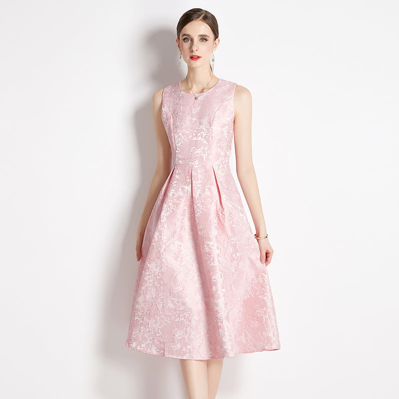 CM-DY035309 Women Elegant European Style Sleeveless Vest Pinched Waist Jacquard Dress