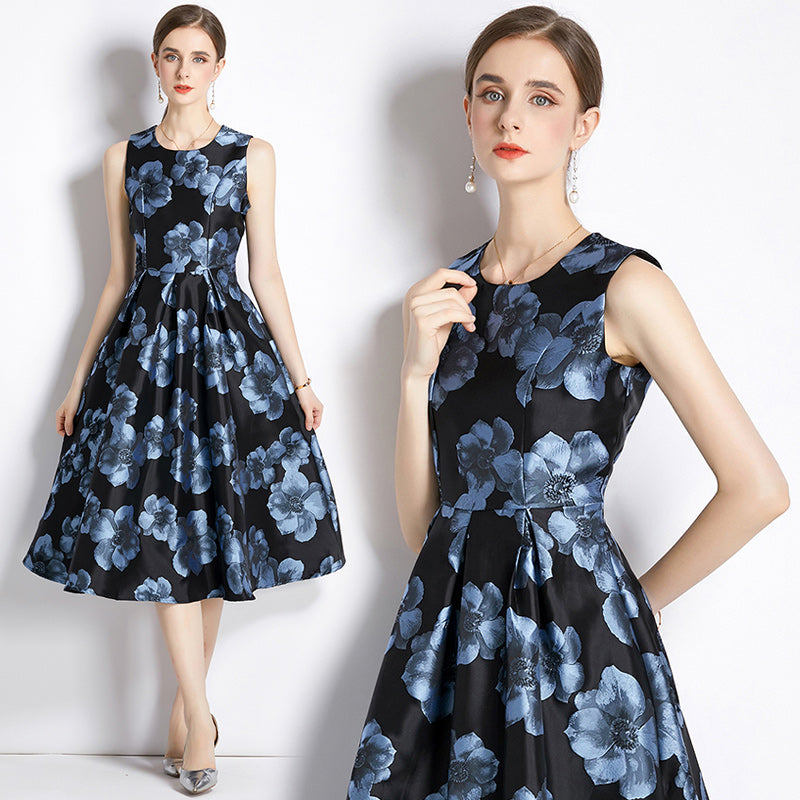 CM-DY035320 Women Elegant European Style Sleeveless Vest Pinched Waist Jacquard Dress