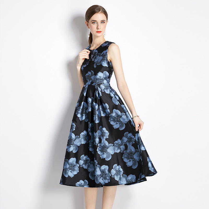 CM-DY035320 Women Elegant European Style Sleeveless Vest Pinched Waist Jacquard Dress