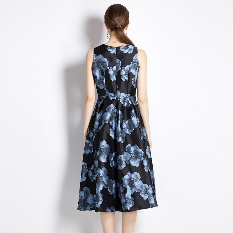 CM-DY035320 Women Elegant European Style Sleeveless Vest Pinched Waist Jacquard Dress