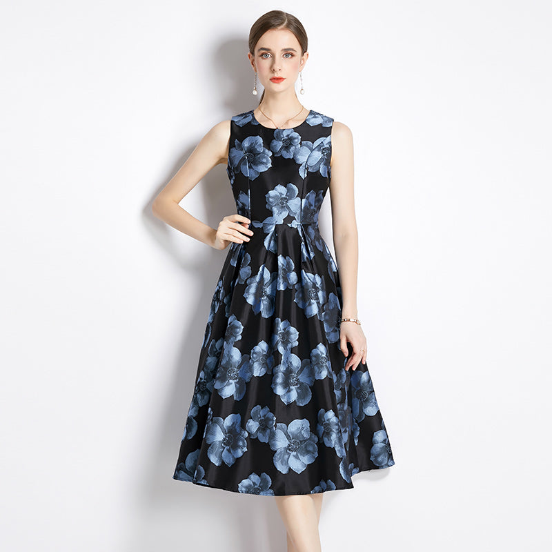 CM-DY035320 Women Elegant European Style Sleeveless Vest Pinched Waist Jacquard Dress