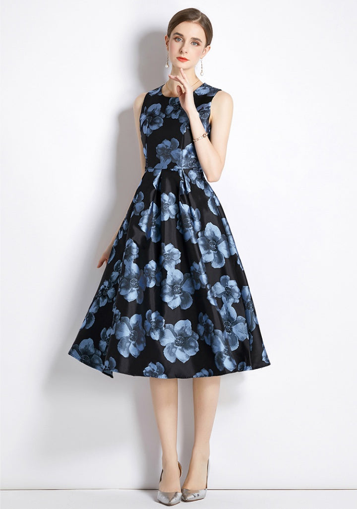 CM-DY035320 Women Elegant European Style Sleeveless Vest Pinched Waist Jacquard Dress