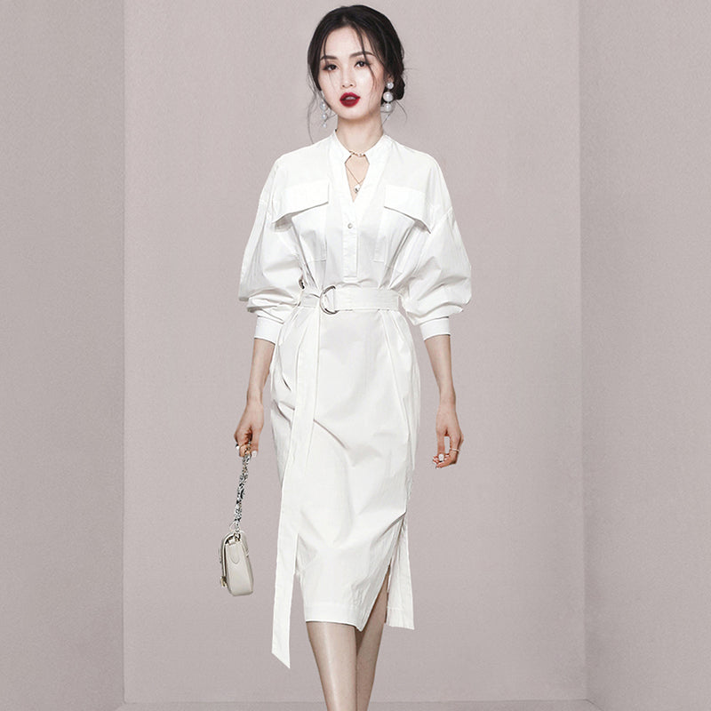 CM-DY035460 Women Elegant European Style V-Neck Long Sleeve Pinched Waist Midi Dress - White