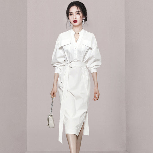 CM-DY035460 Women Elegant European Style V-Neck Long Sleeve Pinched Waist Midi Dress - White
