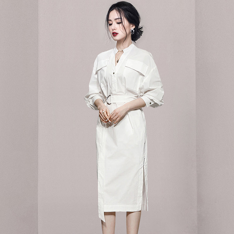 CM-DY035460 Women Elegant European Style V-Neck Long Sleeve Pinched Waist Midi Dress - White