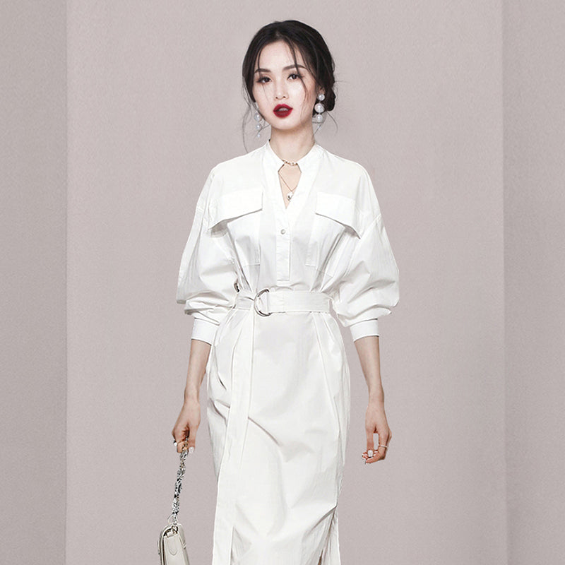 CM-DY035460 Women Elegant European Style V-Neck Long Sleeve Pinched Waist Midi Dress - White
