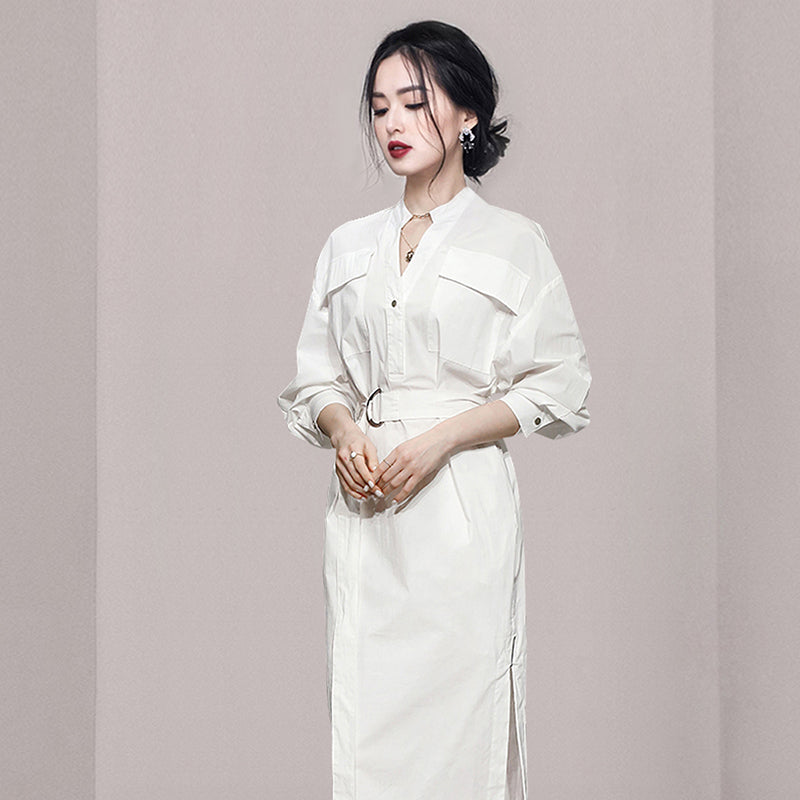 CM-DY035460 Women Elegant European Style V-Neck Long Sleeve Pinched Waist Midi Dress - White