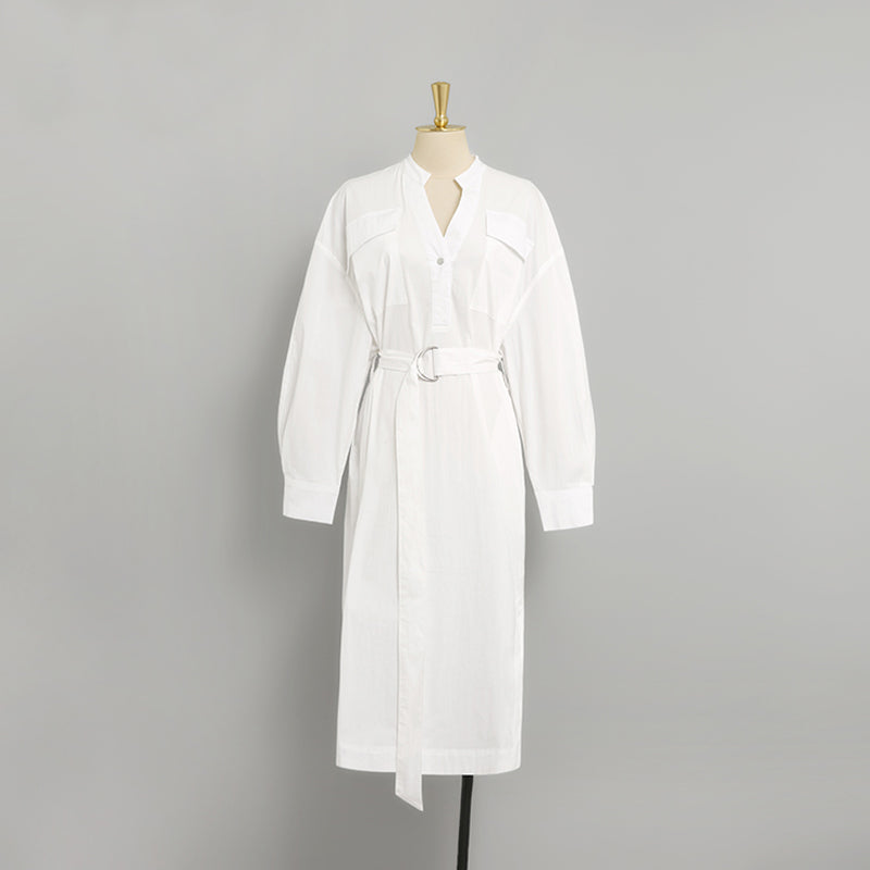 CM-DY035460 Women Elegant European Style V-Neck Long Sleeve Pinched Waist Midi Dress - White