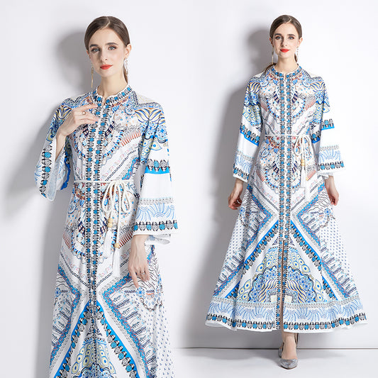 CM-DY035551 Women Trendy Bohemian Style All Over Print Stand Collar Flare Sleeve Long Dress