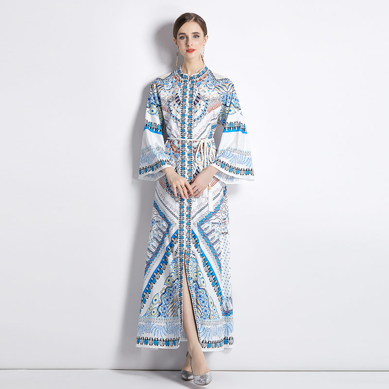 CM-DY035551 Women Trendy Bohemian Style All Over Print Stand Collar Flare Sleeve Long Dress