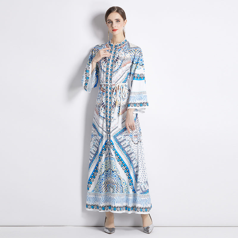 CM-DY035551 Women Trendy Bohemian Style All Over Print Stand Collar Flare Sleeve Long Dress