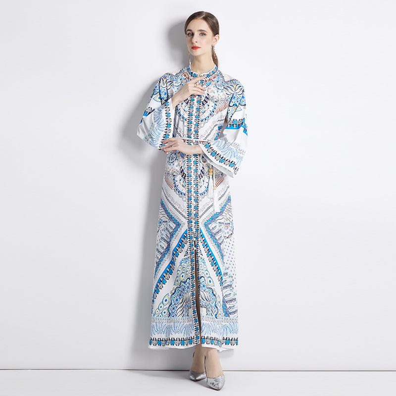 CM-DY035551 Women Trendy Bohemian Style All Over Print Stand Collar Flare Sleeve Long Dress