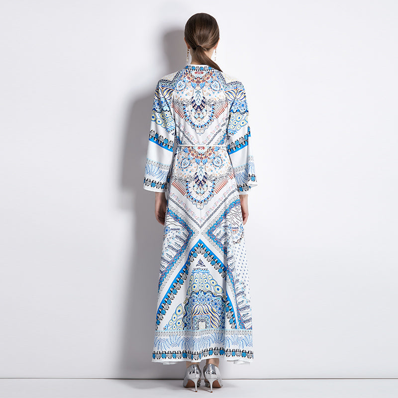 CM-DY035551 Women Trendy Bohemian Style All Over Print Stand Collar Flare Sleeve Long Dress