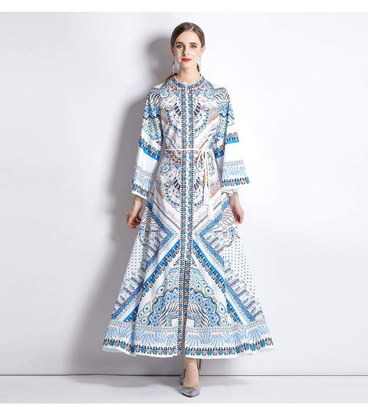 CM-DY035551 Women Trendy Bohemian Style All Over Print Stand Collar Flare Sleeve Long Dress