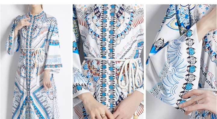 CM-DY035551 Women Trendy Bohemian Style All Over Print Stand Collar Flare Sleeve Long Dress