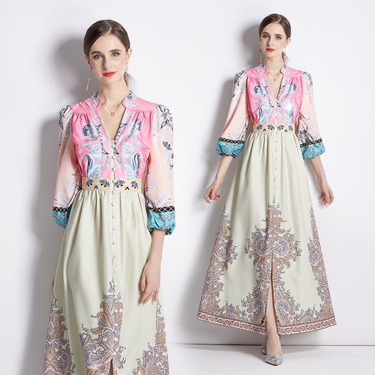 CM-DY035557 Women Trendy Bohemian Style All Over Print V-Neck Lantern Sleeve Long Dress
