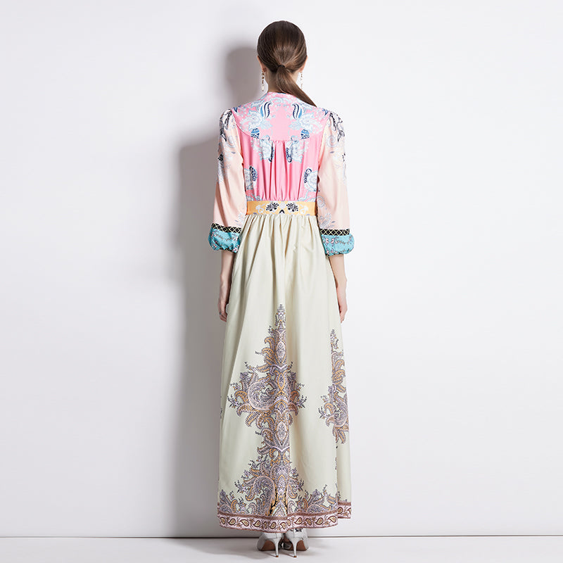 CM-DY035557 Women Trendy Bohemian Style All Over Print V-Neck Lantern Sleeve Long Dress