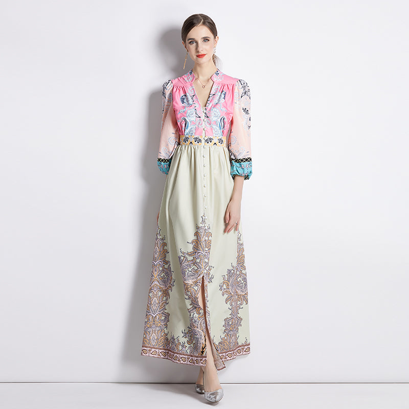 CM-DY035557 Women Trendy Bohemian Style All Over Print V-Neck Lantern Sleeve Long Dress