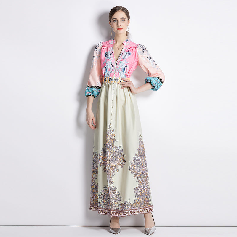 CM-DY035557 Women Trendy Bohemian Style All Over Print V-Neck Lantern Sleeve Long Dress