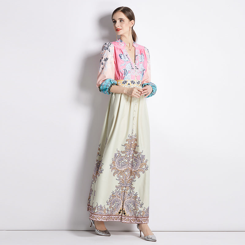 CM-DY035557 Women Trendy Bohemian Style All Over Print V-Neck Lantern Sleeve Long Dress