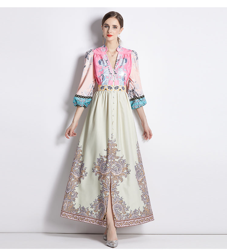 CM-DY035557 Women Trendy Bohemian Style All Over Print V-Neck Lantern Sleeve Long Dress