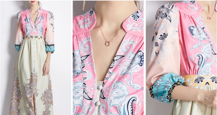 CM-DY035557 Women Trendy Bohemian Style All Over Print V-Neck Lantern Sleeve Long Dress