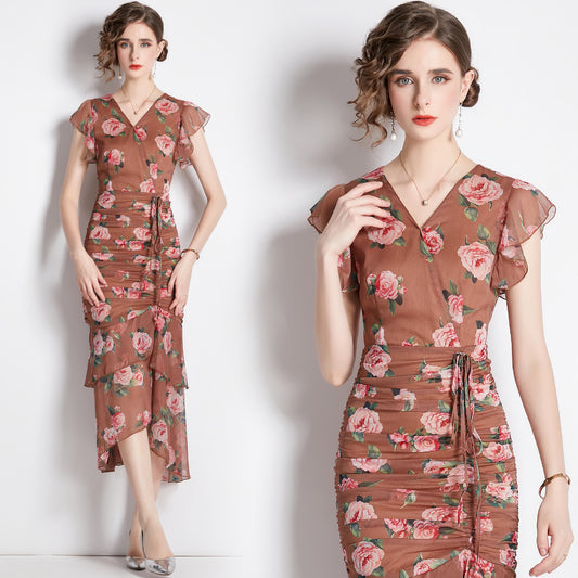CM-DY036155 Women Elegant European Style Floral Print V-Neck Short Sleeve Pinched Waist Mid-Length Dress