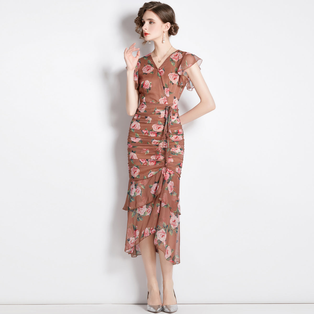 CM-DY036155 Women Elegant European Style Floral Print V-Neck Short Sleeve Pinched Waist Mid-Length Dress