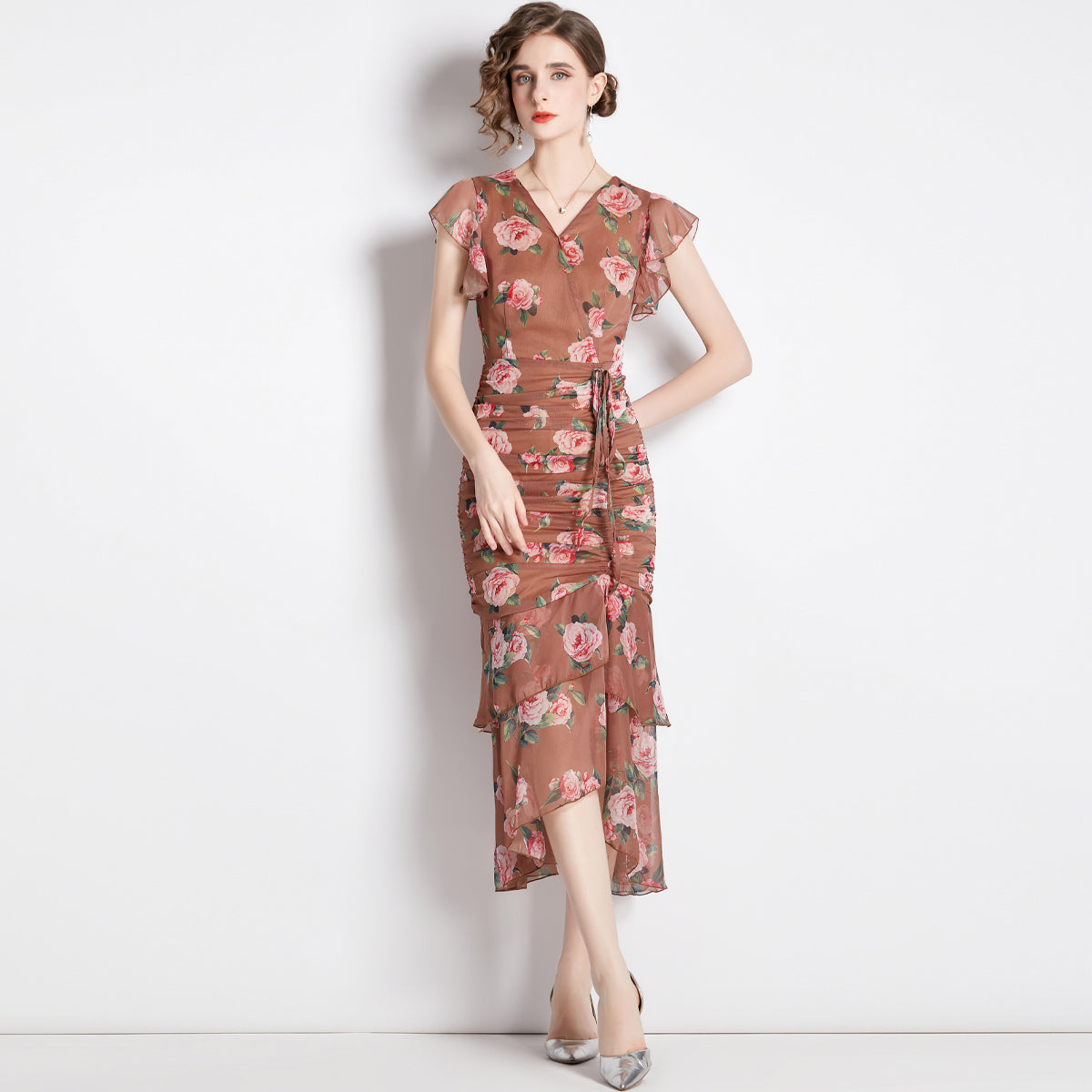CM-DY036155 Women Elegant European Style Floral Print V-Neck Short Sleeve Pinched Waist Mid-Length Dress