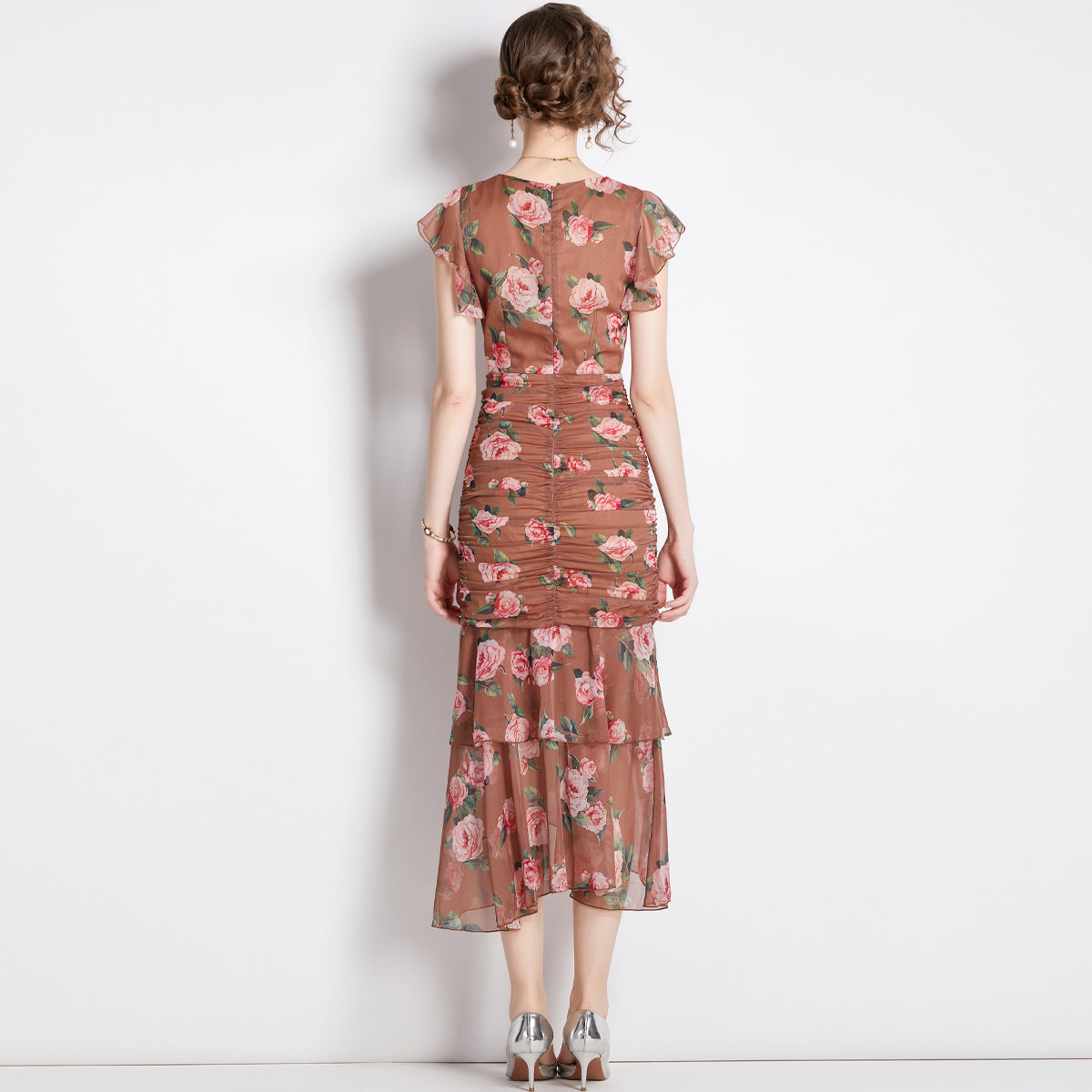 CM-DY036155 Women Elegant European Style Floral Print V-Neck Short Sleeve Pinched Waist Mid-Length Dress