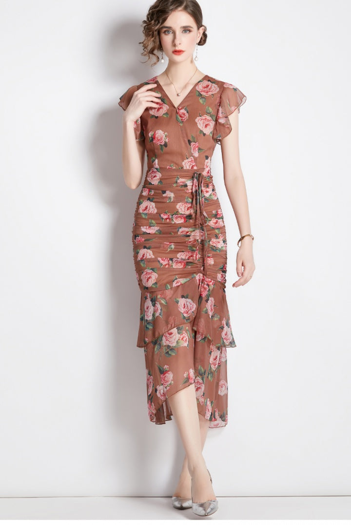 CM-DY036155 Women Elegant European Style Floral Print V-Neck Short Sleeve Pinched Waist Mid-Length Dress