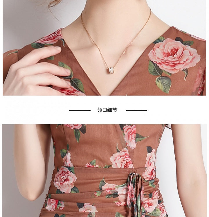 CM-DY036155 Women Elegant European Style Floral Print V-Neck Short Sleeve Pinched Waist Mid-Length Dress