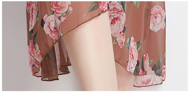 CM-DY036155 Women Elegant European Style Floral Print V-Neck Short Sleeve Pinched Waist Mid-Length Dress