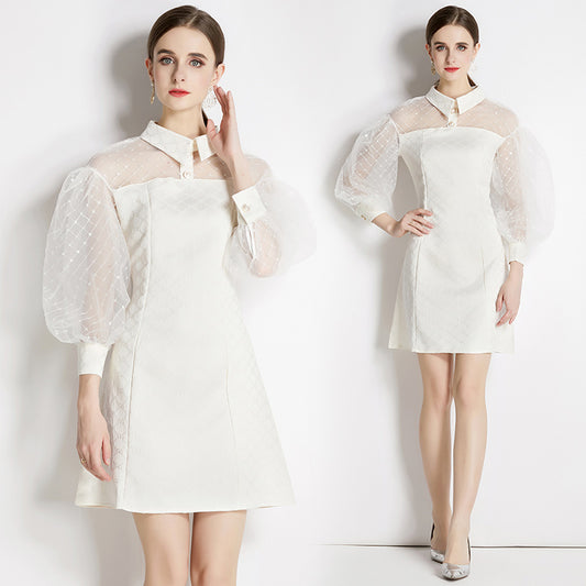 CM-DY040396 Women Elegant European Style Doll Collar Splice Puff Sleeve Mini Dress