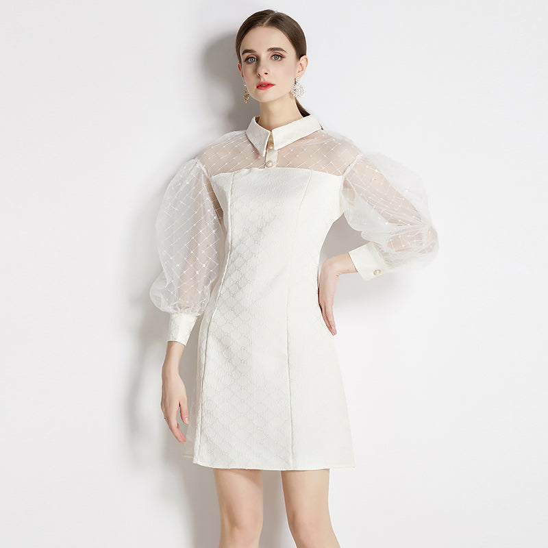 CM-DY040396 Women Elegant European Style Doll Collar Splice Puff Sleeve Mini Dress