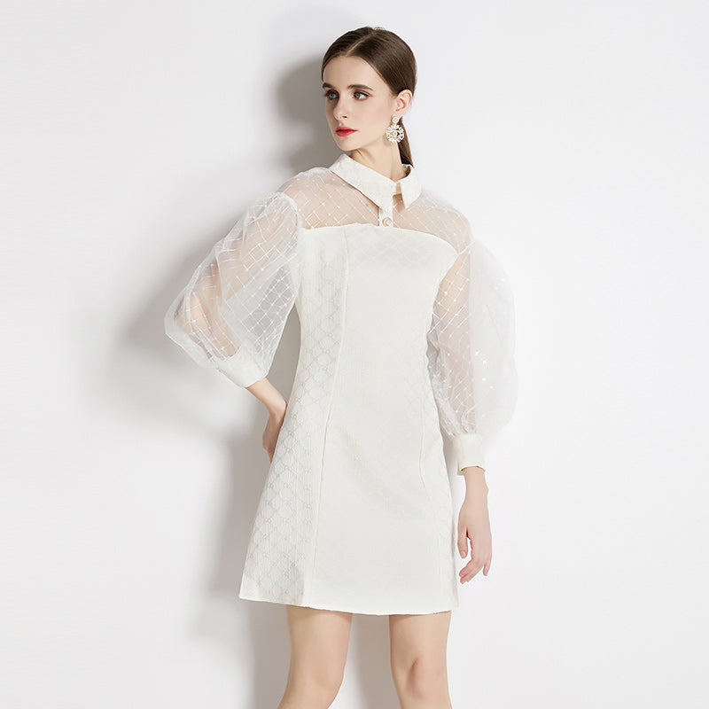 CM-DY040396 Women Elegant European Style Doll Collar Splice Puff Sleeve Mini Dress