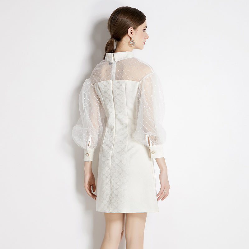 CM-DY040396 Women Elegant European Style Doll Collar Splice Puff Sleeve Mini Dress