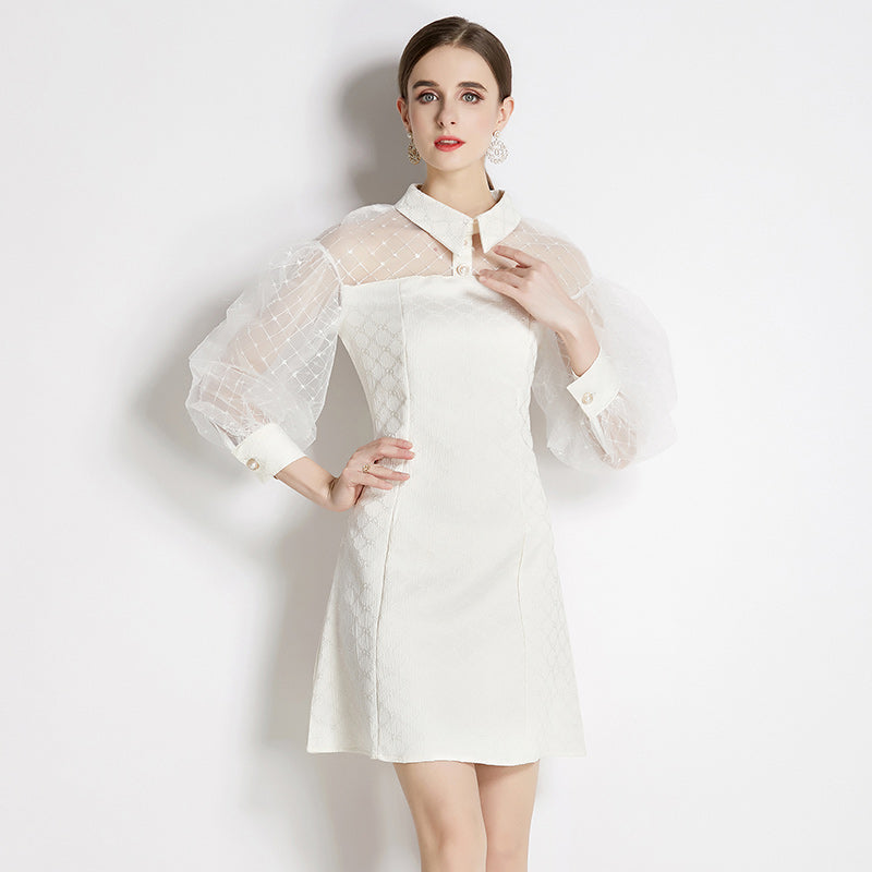 CM-DY040396 Women Elegant European Style Doll Collar Splice Puff Sleeve Mini Dress