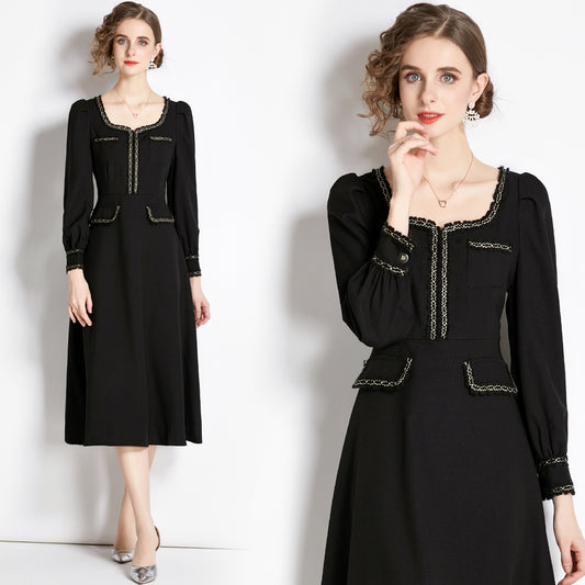 CM-DY040668 Women Elegant European Style Round Neck Long Sleeve Medium Waist A-Line Dress - Black