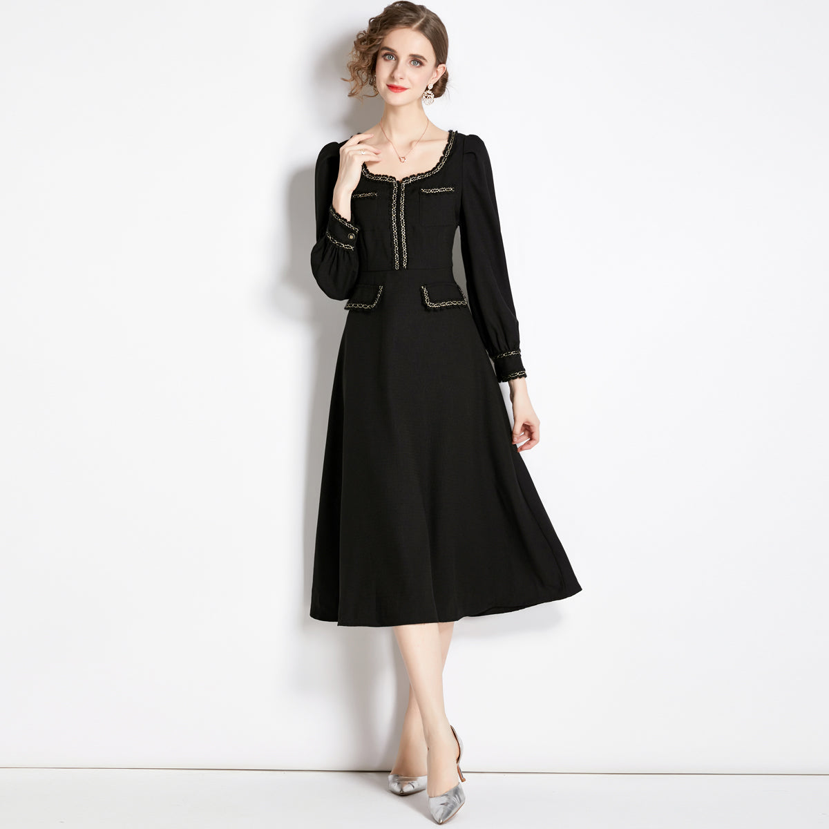 CM-DY040668 Women Elegant European Style Round Neck Long Sleeve Medium Waist A-Line Dress - Black