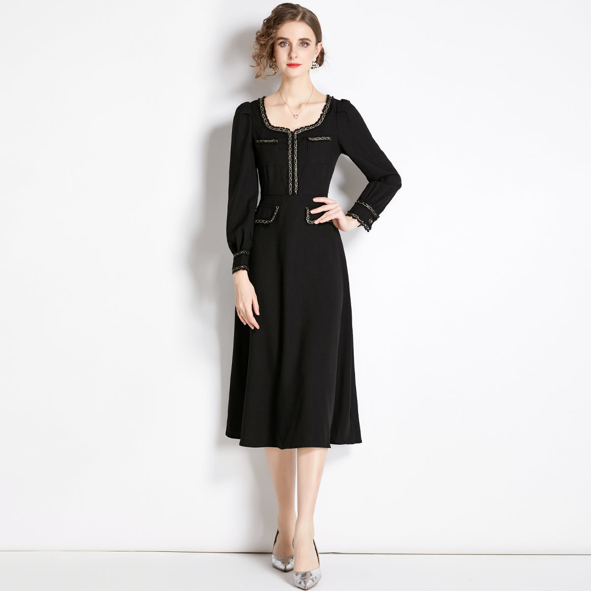 CM-DY040668 Women Elegant European Style Round Neck Long Sleeve Medium Waist A-Line Dress - Black