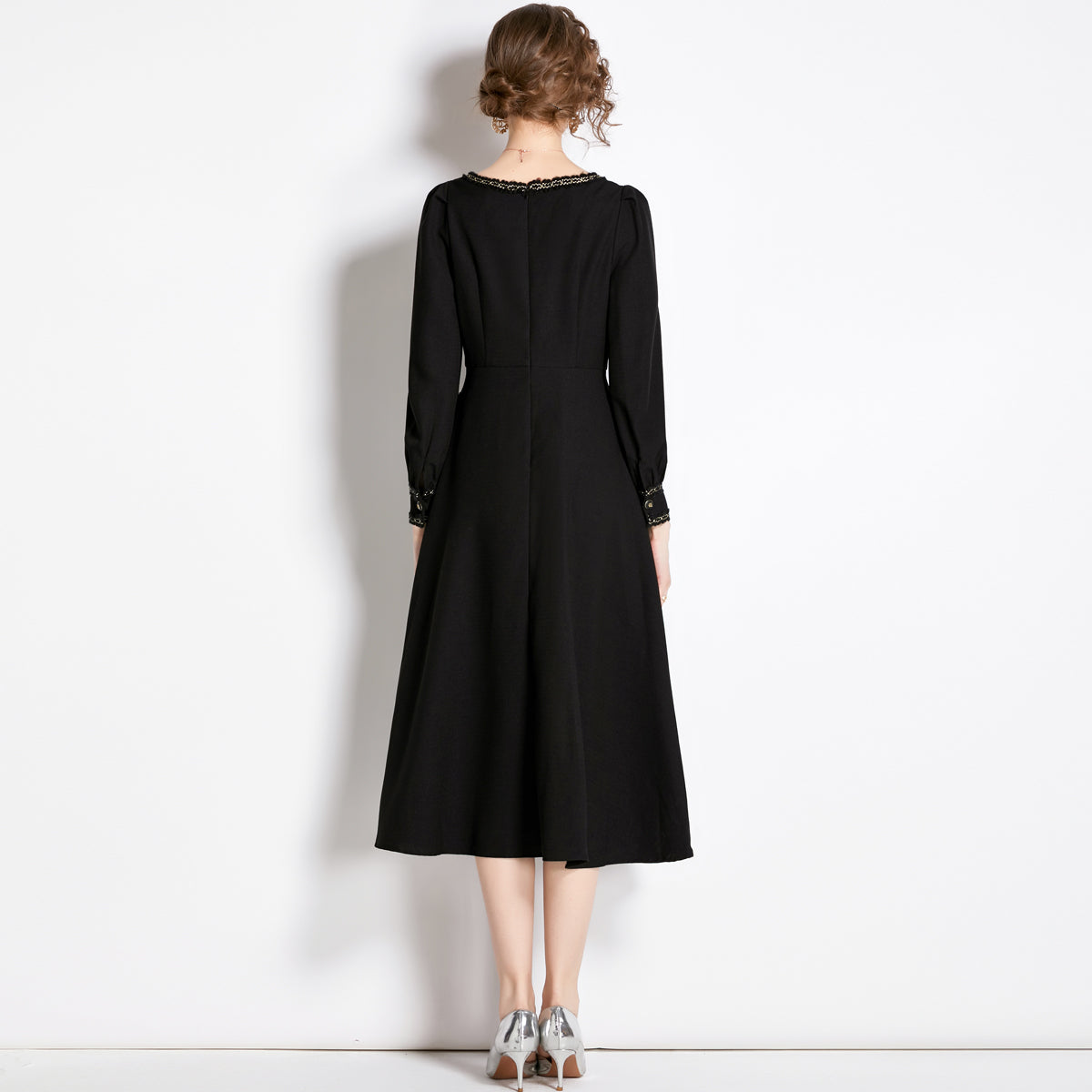 CM-DY040668 Women Elegant European Style Round Neck Long Sleeve Medium Waist A-Line Dress - Black