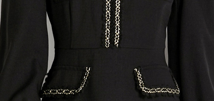 CM-DY040668 Women Elegant European Style Round Neck Long Sleeve Medium Waist A-Line Dress - Black