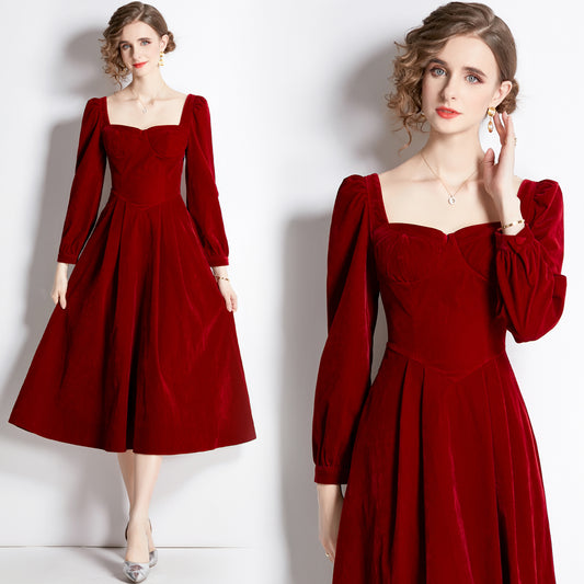 CM-DY042114 Women Elegant European Style Velvet Square Collar Long Sleeve Midi Dress - Wine Red