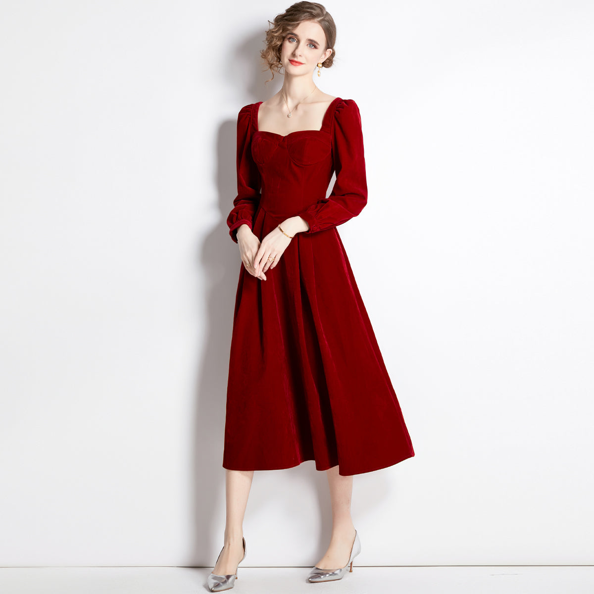 CM-DY042114 Women Elegant European Style Velvet Square Collar Long Sleeve Midi Dress - Wine Red