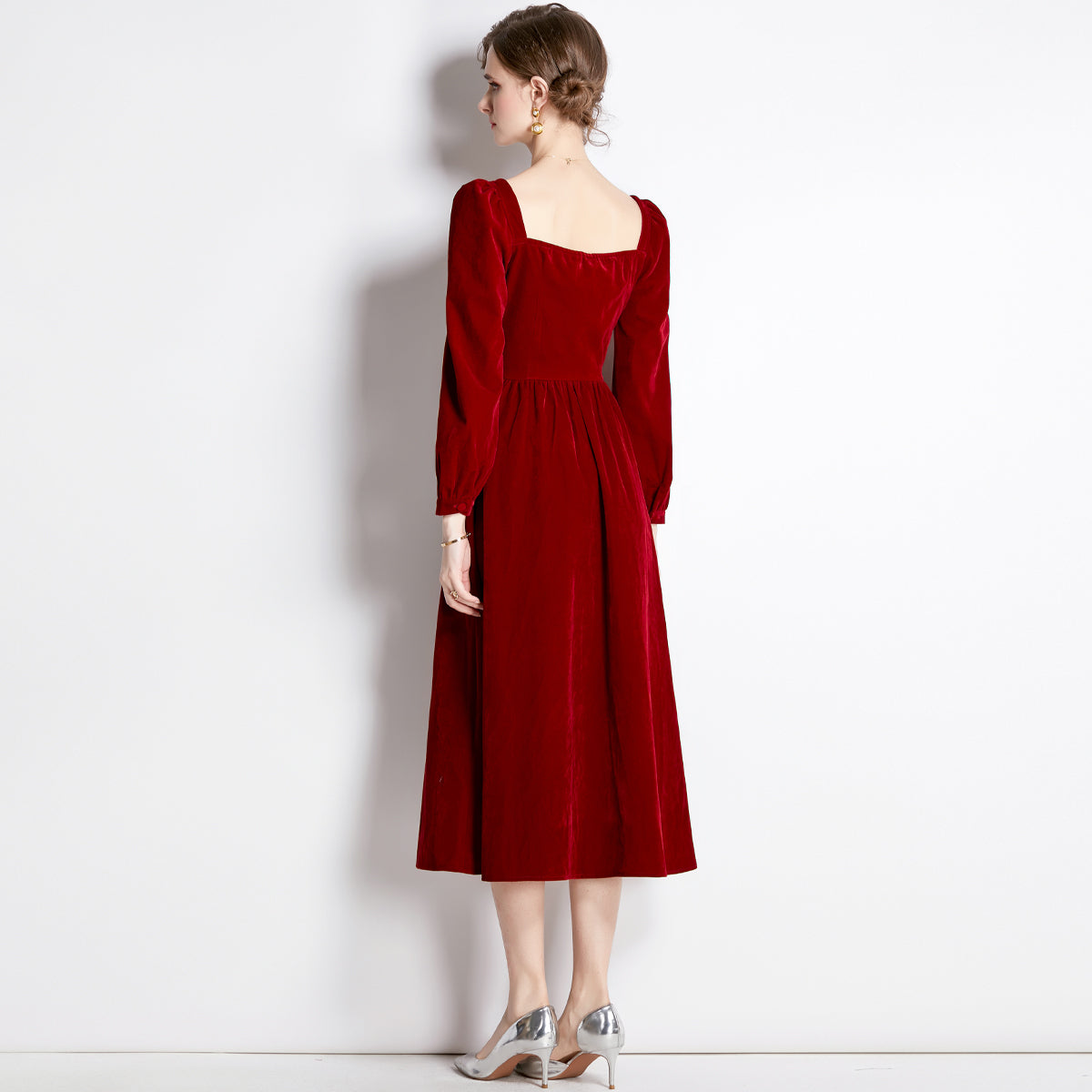 CM-DY042114 Women Elegant European Style Velvet Square Collar Long Sleeve Midi Dress - Wine Red